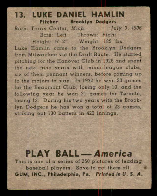 1939 Play Ball #013 Luke Hamlin Dodgers Good trimmed 558124