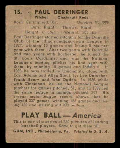 1939 Play Ball #015 Paul Derringer Reds EX-MT 558127