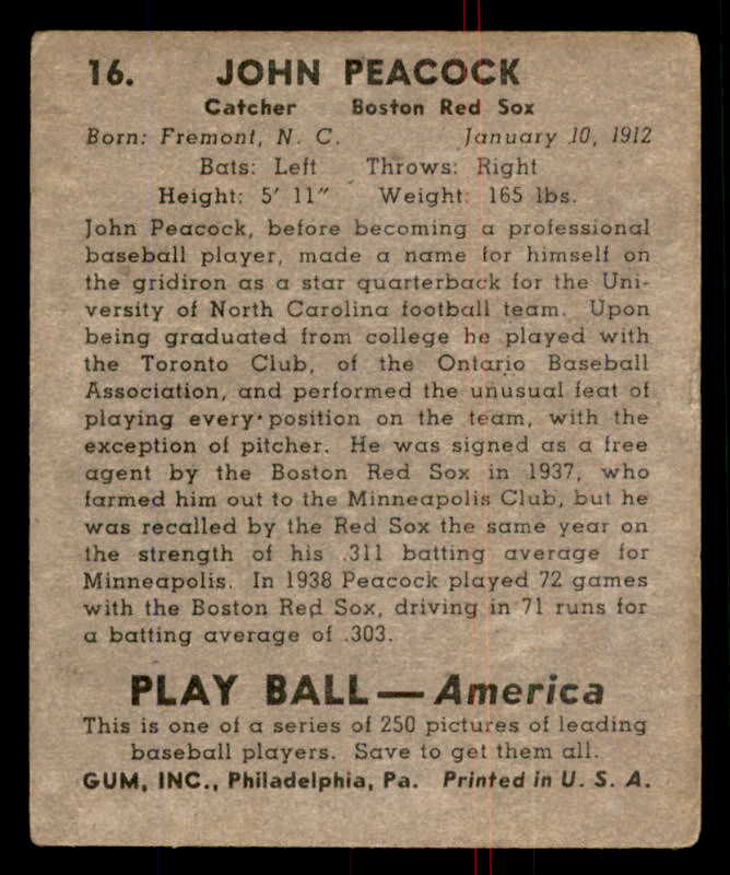 1939 Play Ball #016 John Peacock Red Sox VG 558131