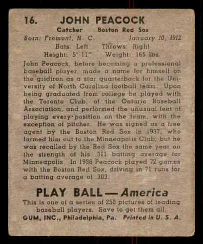 1939 Play Ball #016 John Peacock Red Sox VG 558131