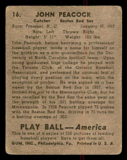 1939 Play Ball #016 John Peacock Red Sox Good 558132