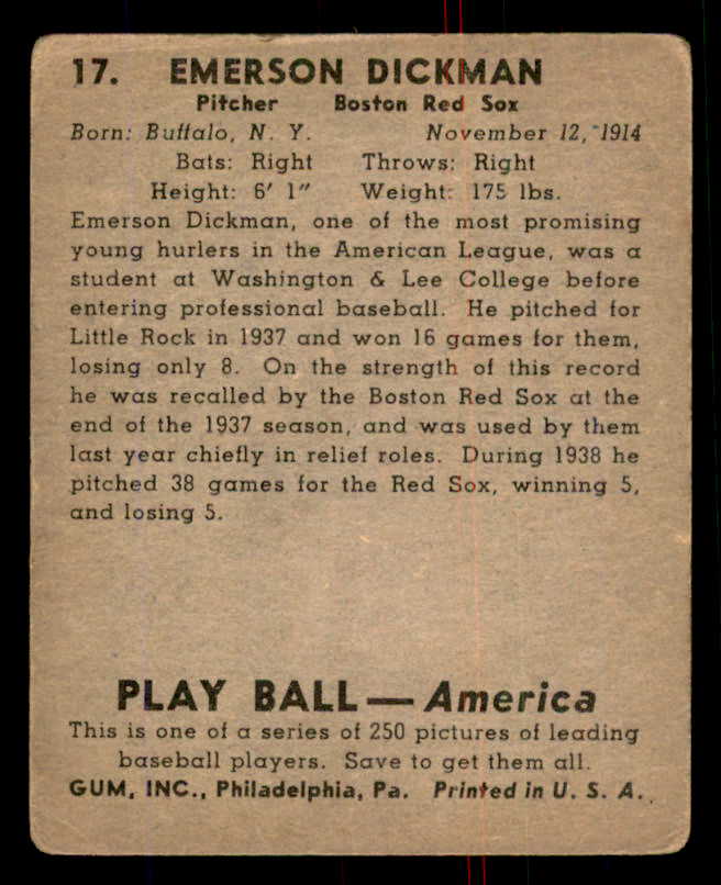 1939 Play Ball #017 Emerson Dickman Red Sox GD-VG 558134