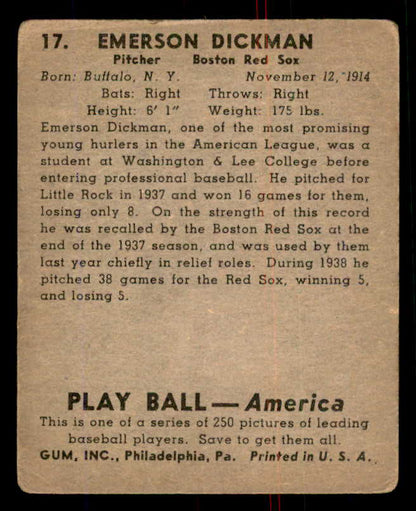 1939 Play Ball #017 Emerson Dickman Red Sox GD-VG 558134