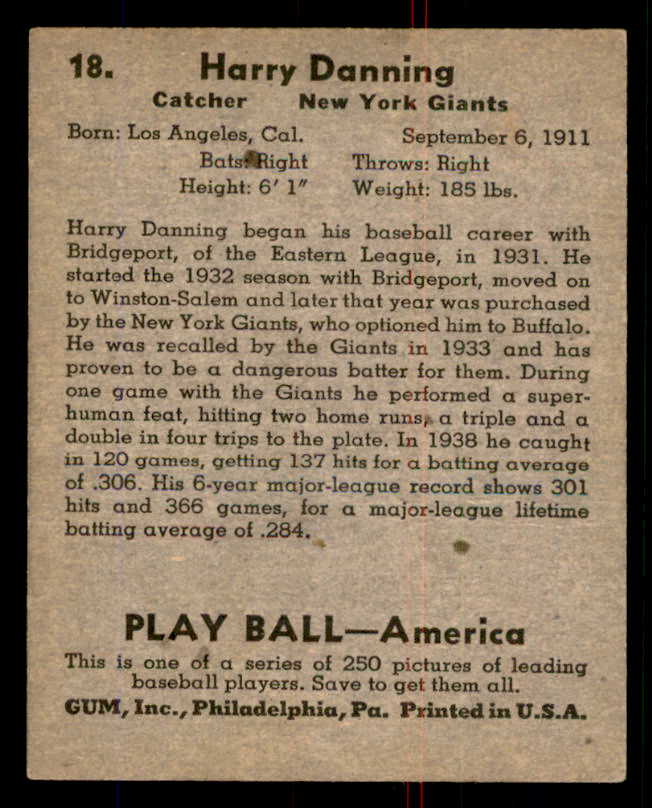 1939 Play Ball #018 Harry Danning Giants EX 558135
