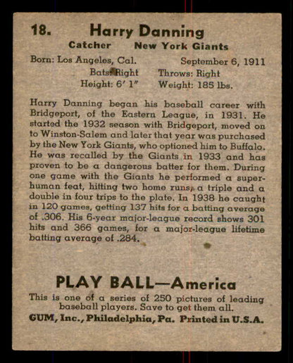 1939 Play Ball #018 Harry Danning Giants EX 558135
