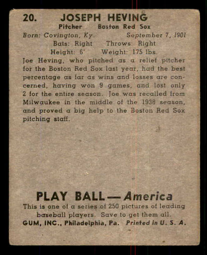 1939 Play Ball #020 Joe Heving Red Sox VG 558140