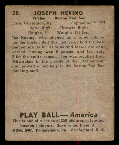 1939 Play Ball #020 Joe Heving Red Sox VG 558141