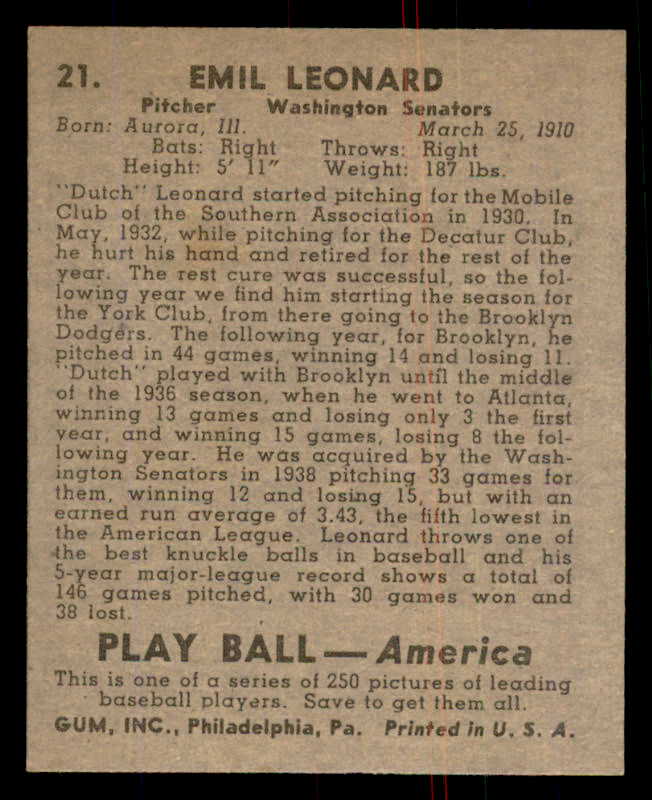 1939 Play Ball #021 Dutch Leonard Senators NR-MT 558142