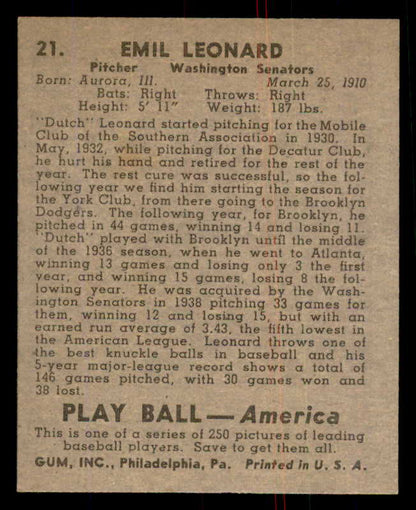 1939 Play Ball #021 Dutch Leonard Senators NR-MT 558142