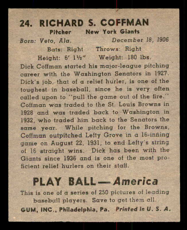1939 Play Ball #024 Dick Coffman Giants EX-MT 558147