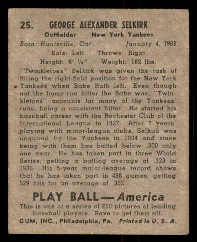 1939 Play Ball #025 George Selkirk Yankees VG 558148