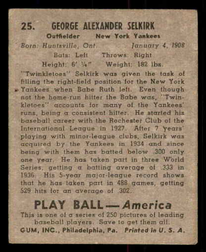 1939 Play Ball #025 George Selkirk Yankees VG 558148