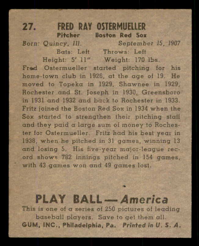 1939 Play Ball #027 Fritz Ostermueller Red Sox VG-EX 558151