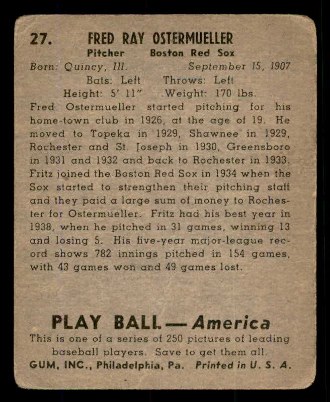 1939 Play Ball #027 Fritz Ostermueller Red Sox Good 558152