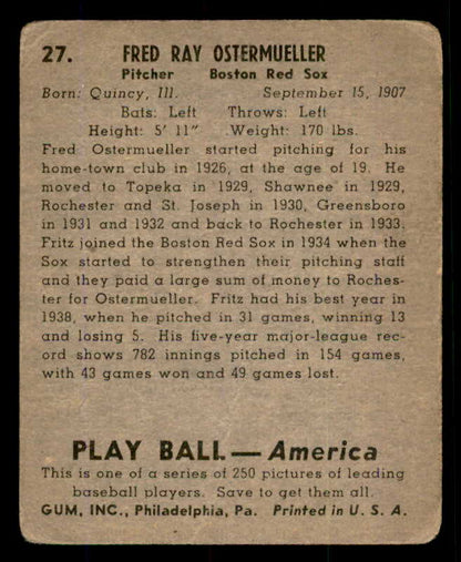 1939 Play Ball #027 Fritz Ostermueller Red Sox Good 558152
