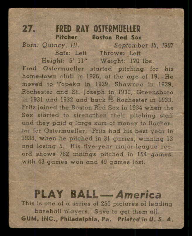 1939 Play Ball #027 Fritz Ostermueller Red Sox FR-GD 558153