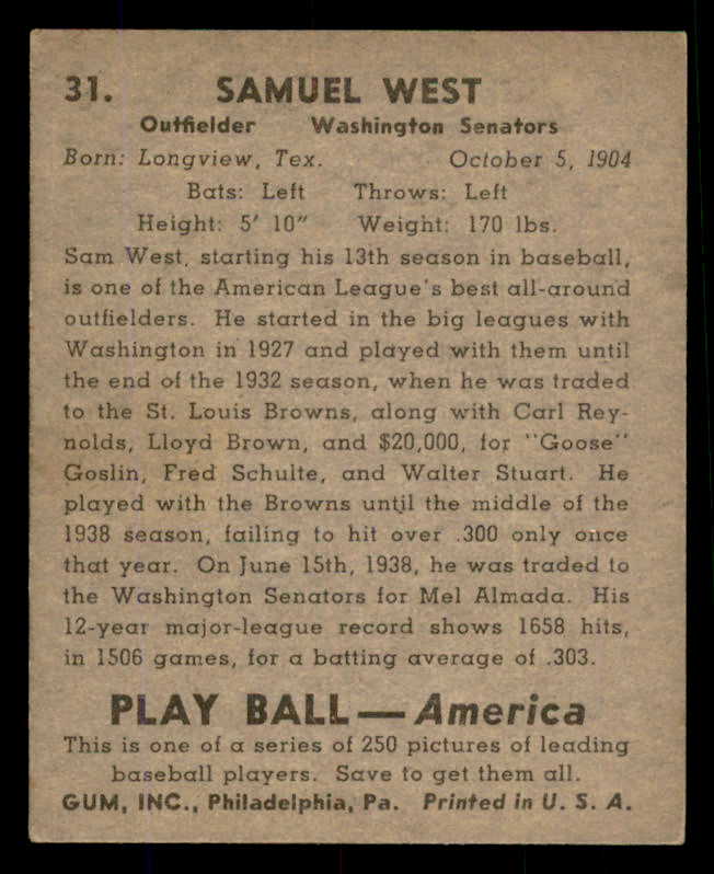 1939 Play Ball #031 Sam West Senators EX-MT 558158
