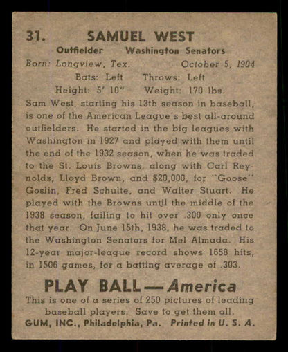 1939 Play Ball #031 Sam West Senators EX-MT 558158