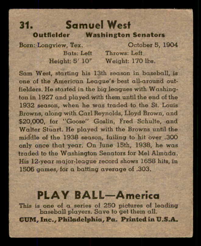 1939 Play Ball #031 Sam West Senators VG-EX 558159