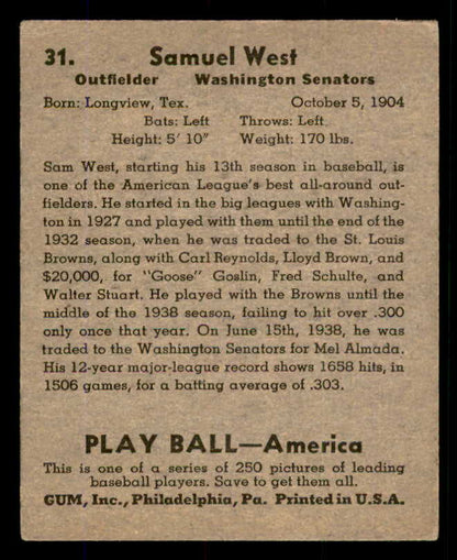 1939 Play Ball #031 Sam West Senators VG-EX 558159