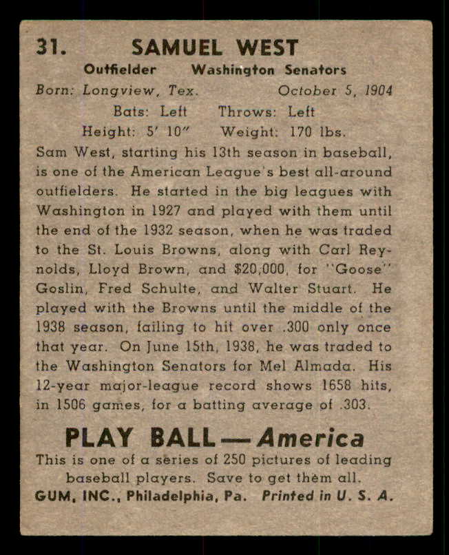1939 Play Ball #031 Sam West Senators VG-EX 558160