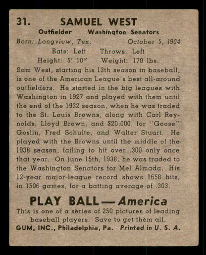 1939 Play Ball #031 Sam West Senators VG-EX 558160