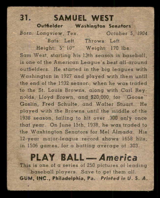 1939 Play Ball #031 Sam West Senators VG 558161