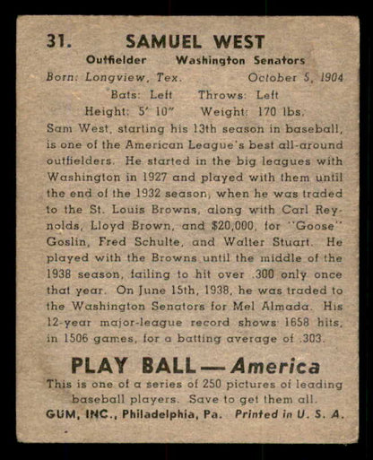 1939 Play Ball #031 Sam West Senators VG 558161