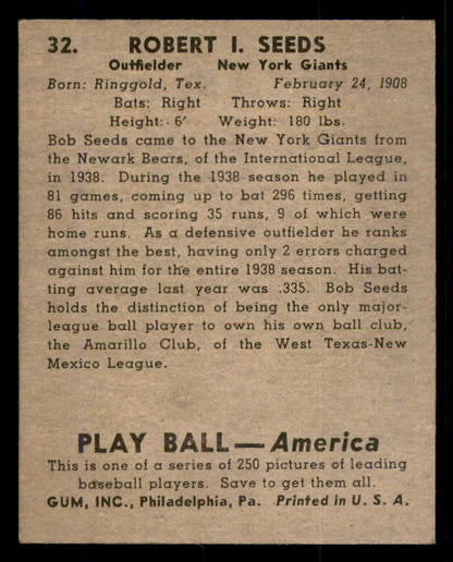 1939 Play Ball #032 Bob Seeds Giants EX-MT 558162