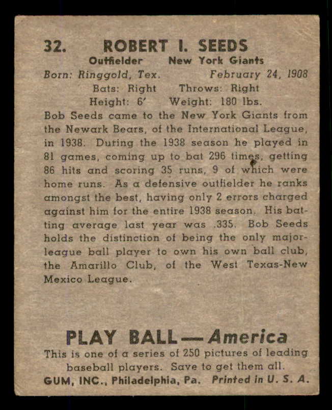 1939 Play Ball #032 Bob Seeds Giants VG 558164