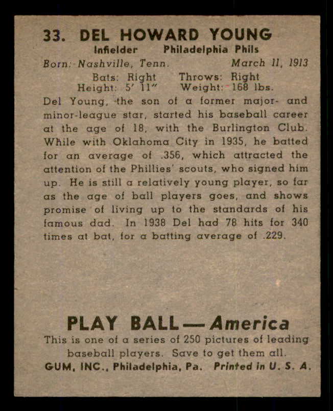 1939 Play Ball #033 Del Young Phillies EX-MT 558165
