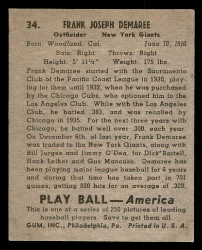 1939 Play Ball #034 Frank Demaree Giants NR-MT 558167