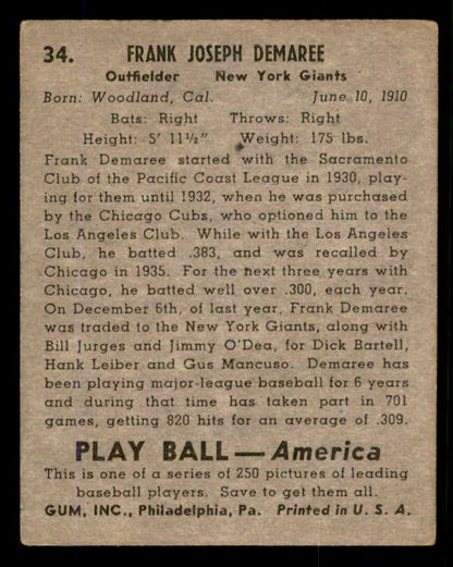 1939 Play Ball #034 Frank Demaree Giants VG-EX 558168