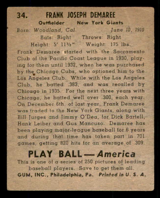 1939 Play Ball #034 Frank Demaree Giants VG 558169