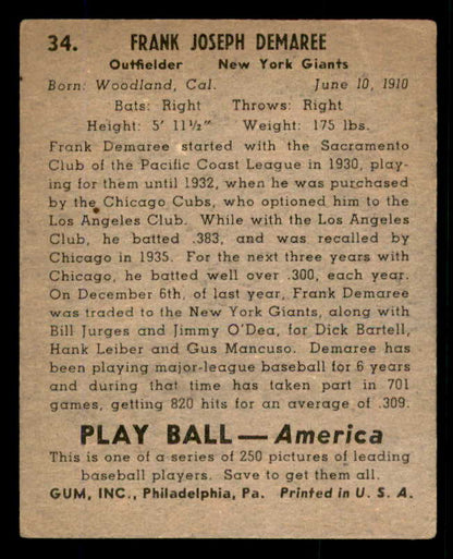1939 Play Ball #034 Frank Demaree Giants VG 558169