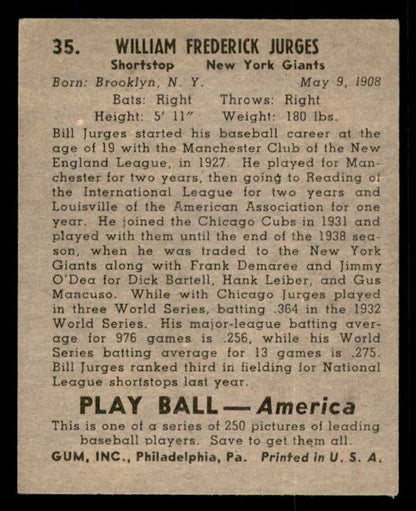 1939 Play Ball #035 Billy Jurges Giants EX-MT 558170