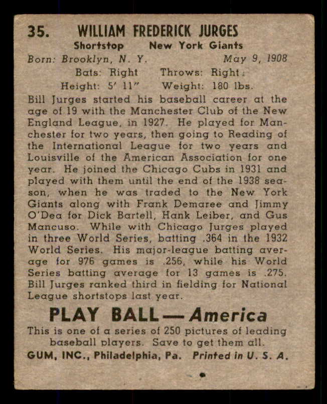 1939 Play Ball #035 Billy Jurges Giants VG 558171