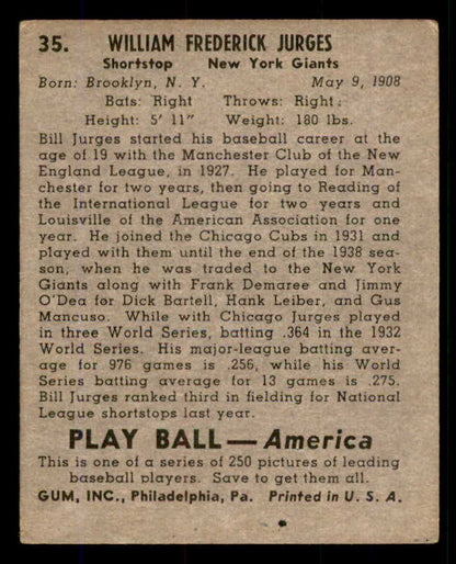 1939 Play Ball #035 Billy Jurges Giants VG 558171
