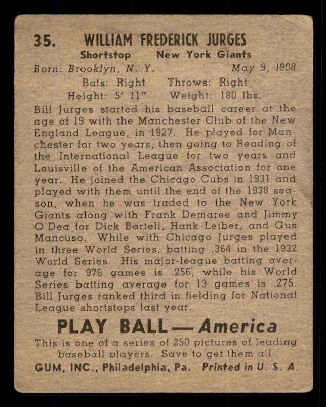1939 Play Ball #035 Billy Jurges Giants VG 558172