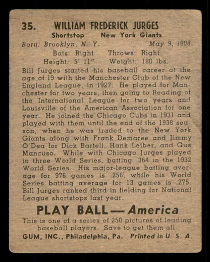 1939 Play Ball #035 Billy Jurges Giants VG 558172