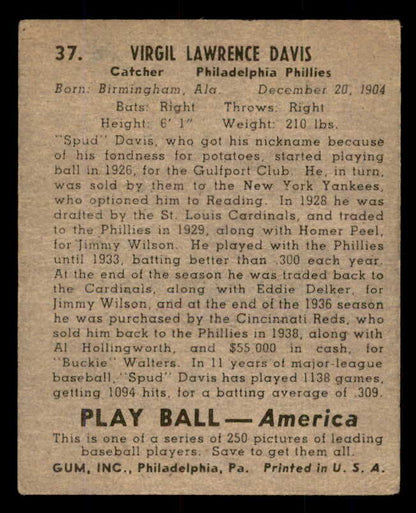 1939 Play Ball #037 Spud Davis Phillies VG 558177