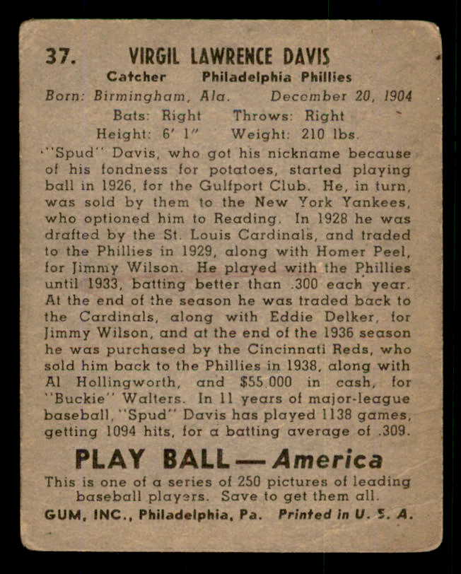 1939 Play Ball #037 Spud Davis Phillies Good 558178