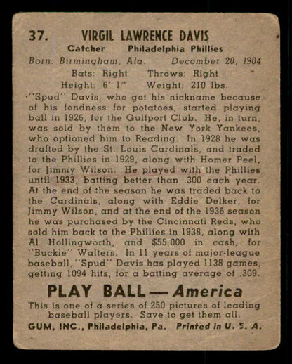1939 Play Ball #037 Spud Davis Phillies Good 558178