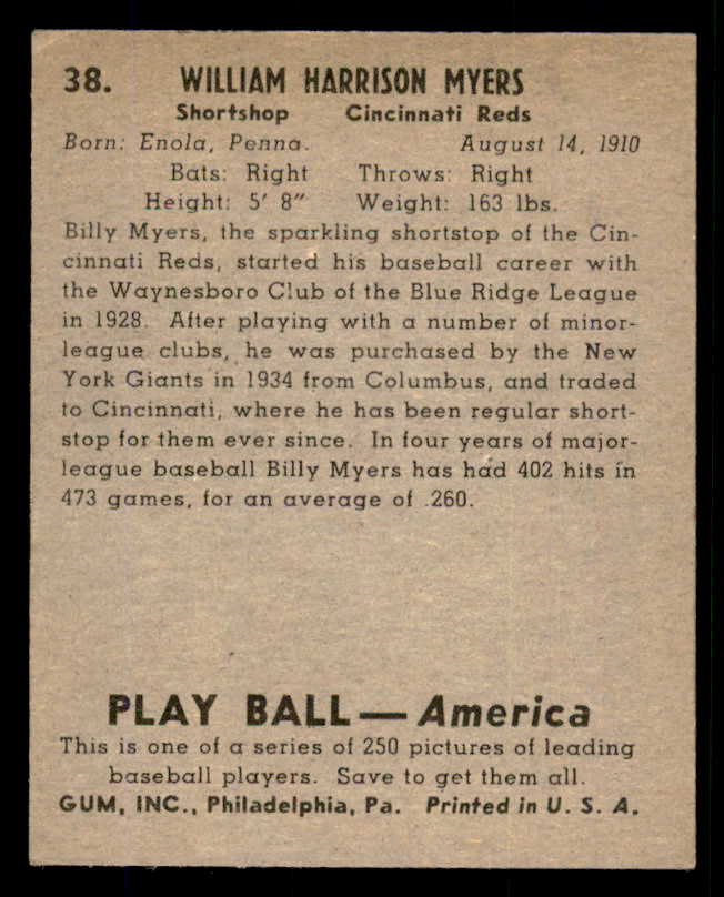1939 Play Ball #038 Billy Myers Reds EX 558180