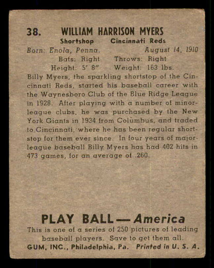 1939 Play Ball #038 Billy Myers Reds VG 558181