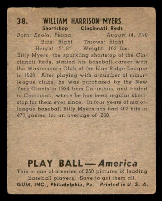 1939 Play Ball #038 Billy Myers Reds GD-VG 558182