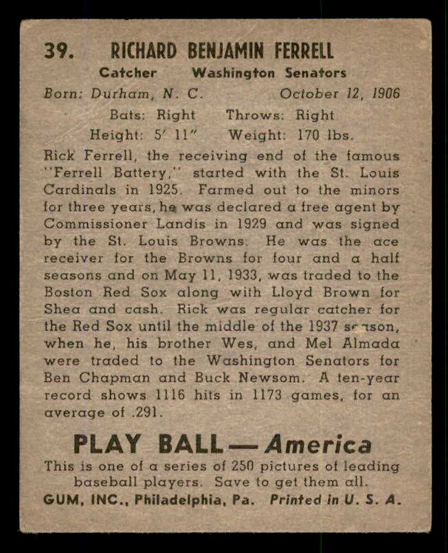 1939 Play Ball #039 Rick Ferrell Senators VG-EX 558183