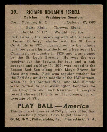 1939 Play Ball #039 Rick Ferrell Senators VG-EX 558183