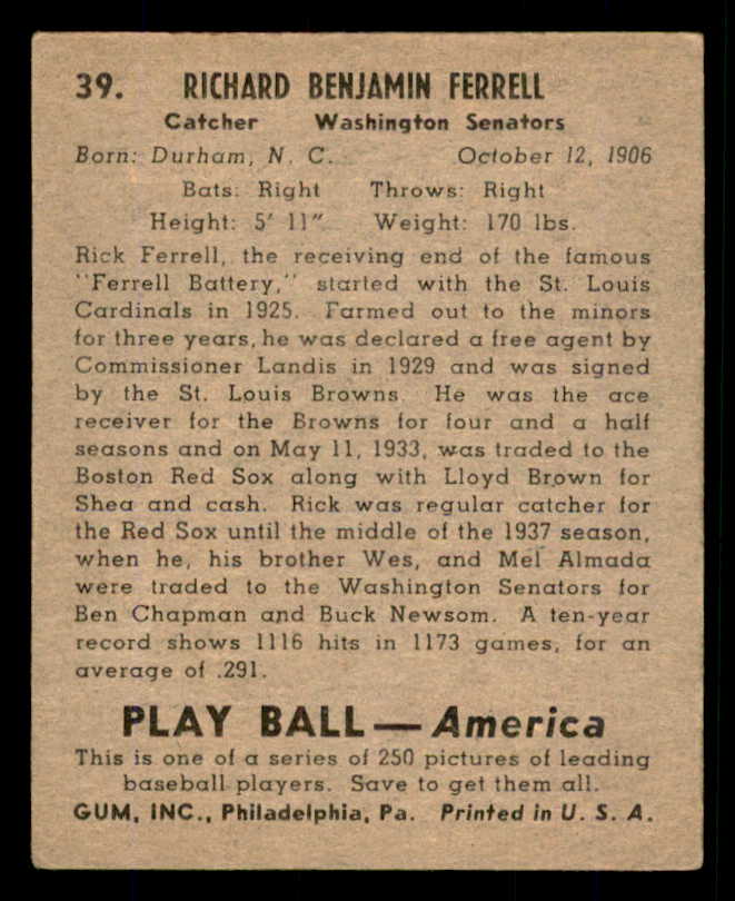 1939 Play Ball #039 Rick Ferrell Senators VG 558184