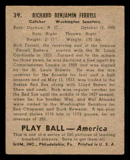 1939 Play Ball #039 Rick Ferrell Senators VG 558184